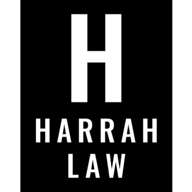 Harrah Law logo in white over black