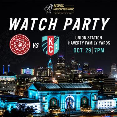 KC Current vs Portland Thorns Watch Party graphic over night time photo of Union Station KC lit in teal.